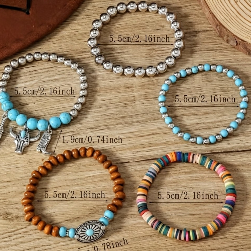 5 Bracelet Set Silver Blue Turquoise Stone Jewelry Rodeo Outfit Hippie Festival - Picture 6 of 8